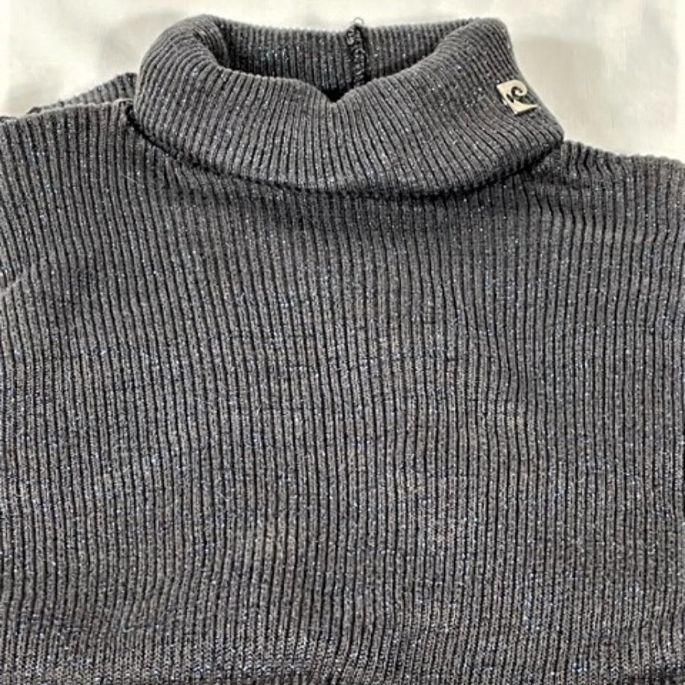'60-'70s Pierre Cardin Ribbed Turtleneck Sweater gray w/ blue lurex thread, logo